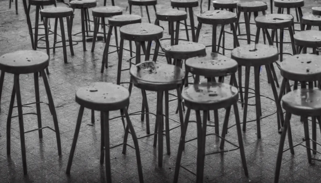 Image similar to empty fair, stools, no people, sad, melancholic, depressing, very detailed, emotional, 4 k
