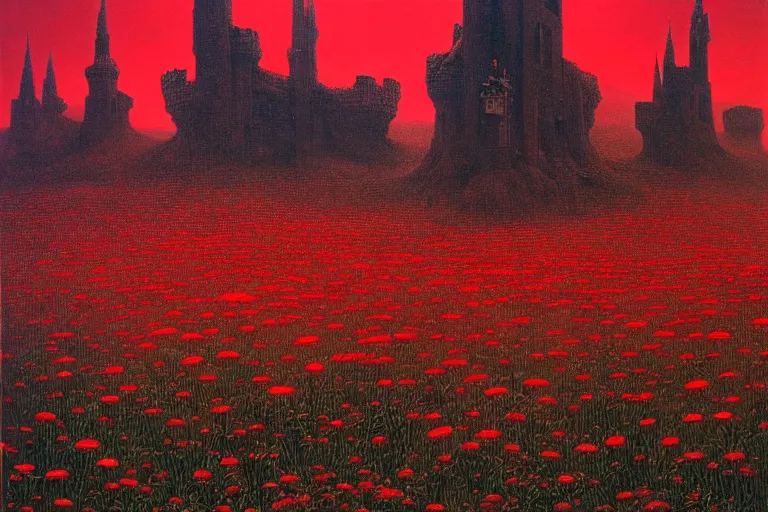 Image similar to only with red, red flowers of different types, a castle in the background, red orcs and trolls dance over the flowers, in the style of beksinski, part by hopper, part by rodcenko, part by hofbauer, intricate composition, red by caravaggio, insanely quality, highly detailed, masterpiece, red light, artstation