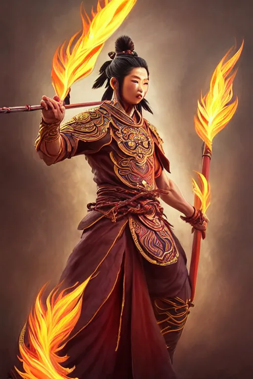 Image similar to handsome nezha, highly detailed, man holding spear, flame everywhere, epic pose, masterpiece chinese fantasy character portrait, highly detailed, digital painting, trending on artstation, concept art, sharp focus, illustration, global illumination, ray tracing, realistic shaded, art by artgerm and greg rutkowski and fuji choko and viktoria gavrilenko and hoang lap