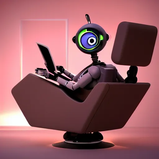 Image similar to futuristic studious matte brown and red and chrome full-body humanoid robot with two huge round expressive sad purple glowing LED eyes and open rectangular mouth sitting on a large comfortable cushioned 1950s vintage recliner reading a newspaper. open newspaper. Cinematic Movie Photograph, Arri Alexa, Extremely Detailed, smooth, very very clean, 8K, octane render, maya render, unreal engine, trending on artstation, DSLR, excellent composition, center frame