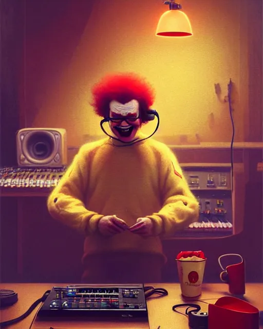 Prompt: ronald mcdonald with headphones at his home studio producing music late at night, very detailed, 4 k, concept art like ernest khalimov, intricate details, highly detailed by greg rutkowski, ilya kuvshinov, gaston bussiere, craig mullins, simon bisley