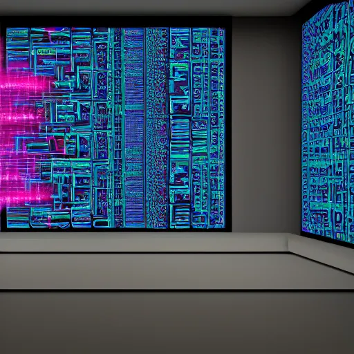 Prompt: plugged into the matrix, art streaming on walls, code streaming on walls