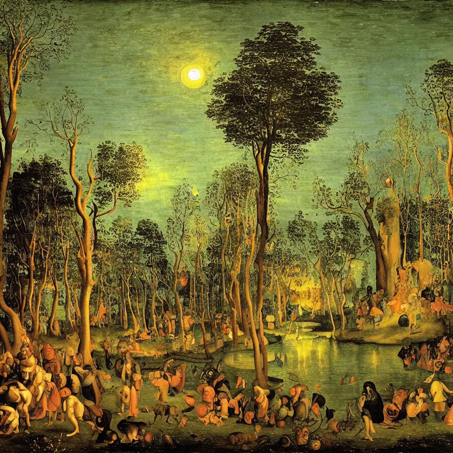 Prompt: renaissance painting of a night carnival around a magical tree cavity, with a surreal orange moonlight and fireworks in the background, next to a lake with iridiscent water, christmas lights, folklore animals and people disguised as fantastic creatures in a magical forest by summer night, masterpiece painted by jan van goyen, scene by night, dark night environment, refraction lights, glares