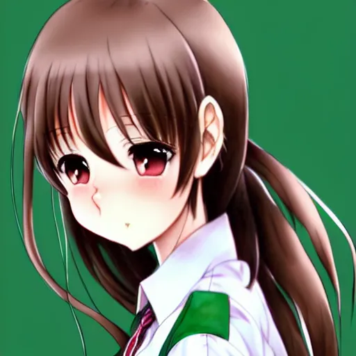 Image similar to beautiful anime high school girl, complete body view, brown hair, ponytail, white ribbon, green eyes, full perfect face, slightly smiling, detailed school background, drawn by Artgerm, Sasoura, Satchely, no distorsion