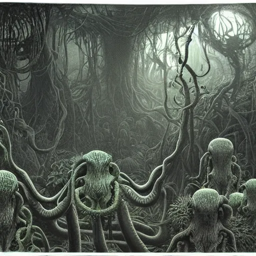 Image similar to a hyperrealistic painting of a tentacled alien lifeform in the middle of an alien jungle, bioluminescent plants, by john kenn mortensen and zdzislaw beksinski, highly detailed, vivid color,