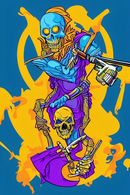 Prompt: rockstar skeletor, art by brian miller, sticker, colorful, illustration, highly detailed, simple, smooth and clean vector curves, no jagged lines, vector art, smooth