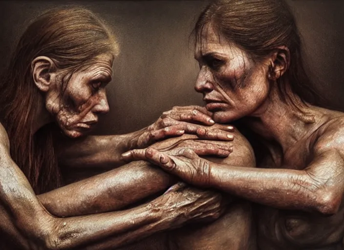 Image similar to photo, female arm wrestlers, woodland location, stefan kostic and david cronenberg, realistic, sharp focus, 8 k high definition, intricate, chiaroscuro, elegant, perfect faces, symmetrical face, extremely detailed, hypnotic eyes, realistic, fantasy art, masterpiece zdzislaw beksinski, national geographic, artgerm