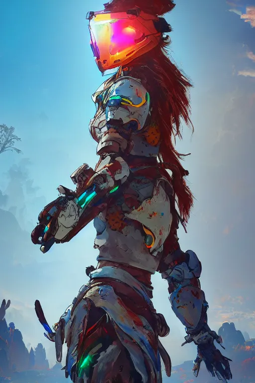 Image similar to combination suit armor aloy horizon forbidden west horizon zero dawn radiating a glowing aura global illumination ray tracing hdr fanart arstation by ian pesty and alena aenami artworks in 4 k tribal robot ninja mask helmet backpack