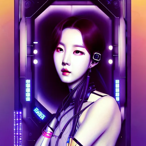 Image similar to portrait painting of kpop artist sunmi as a cyberpunk technician, ultra realistic, concept art, intricate details, eerie, highly detailed, photorealistic, octane render, 8 k, unreal engine. art by artgerm and greg rutkowski and magali villeneuve and alphonse mucha