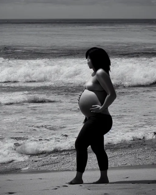 Image similar to photo of a heavily pregnant young asian male protagonist, big belly, on the beach