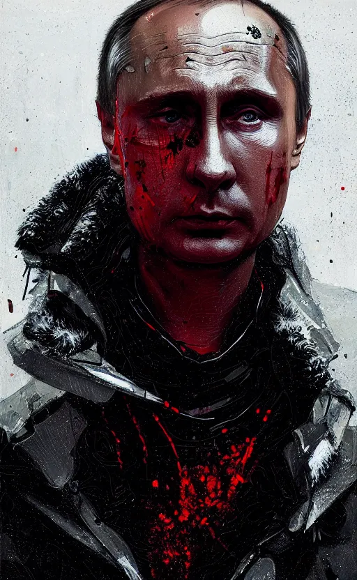 Image similar to detailed portrait vladimir putin, cyberpunk futuristic neon, reflective puffy coat with blood splats by ismail inceoglu dragan bibin hans thoma greg rutkowski alexandros pyromallis nekro rene maritte illustrated, perfect face, fine details, realistic shaded, fine - face, direct glaze