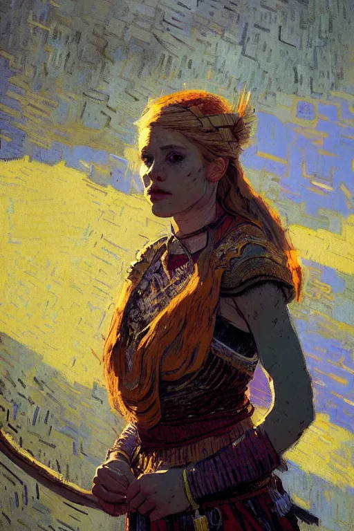 Image similar to portrait of a beautiful viking female, complementary colors, beautiful face, rule of thirds, intricate outfit, spotlight, by greg rutkowski, by jeremy mann, by francoise nielly, by van gogh, digital painting