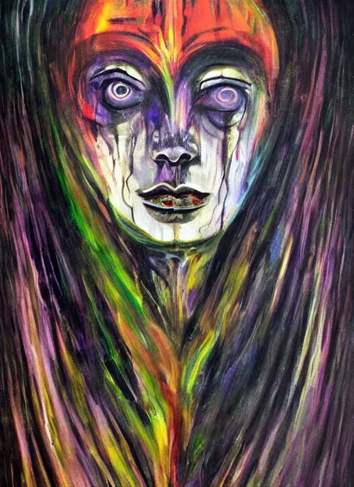 Image similar to enlightened magic cult psychic woman, painted face, third eye, energetic consciousness psychedelic, epic surrealism expressionism symbolism, story telling, iconic, dark robed, oil painting, symmetrical face, dark myth mythos, joan mitchell monochromatic masterpiece