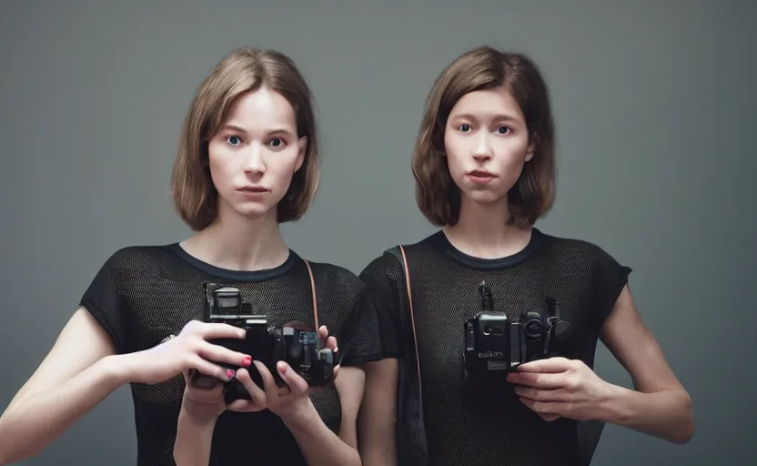 Prompt: cinestill 5 0 d candid photographic portrait by steven spielberg of two female androids wearing rugged black mesh tech