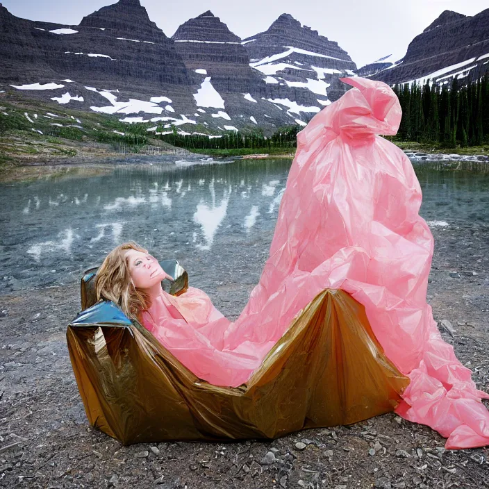 Image similar to a color photograph, closeup portrait of a woman wrapped in plastic, sitting in a plastic throne, in glacier national park in montana, color photograph, by vincent desiderio, canon eos c 3 0 0, ƒ 1. 8, 3 5 mm, 8 k, medium - format print