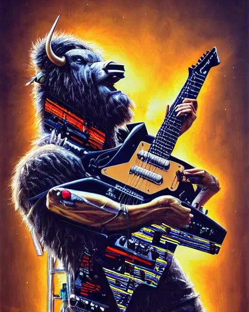 Prompt: a portrait of an anthropomorphic cyberpunk bison shredding an electric guitar by sandra chevrier, by jon foster, detailed render, tape deck, epic composition, cybernetics, 4 k realistic, cryengine, realistic shaded lighting, sharp focus, masterpiece, by enki bilal