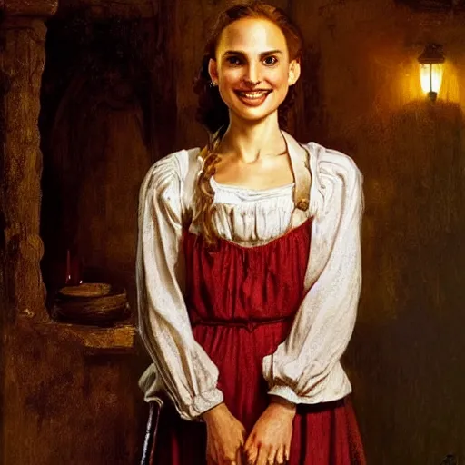 Prompt: young, freckled, curly haired, redhead Natalie Portman as a optimistic!, cheerful, giddy medieval innkeeper in a dark medieval inn. dark shadows, colorful, candle light, law contrasts, fantasy concept art by Jakub Rozalski, Jan Matejko, Rembrandt and J.Dickenson