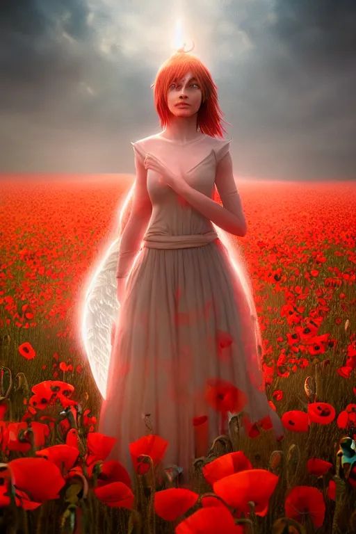 Image similar to epic Beautiful art portrait of a light elemental angel girl in a poppy' field , atmospheric lighting, intricate detail, cgsociety, hyperrealistic, octane render, RPG portrait, ambient light, dynamic lighting