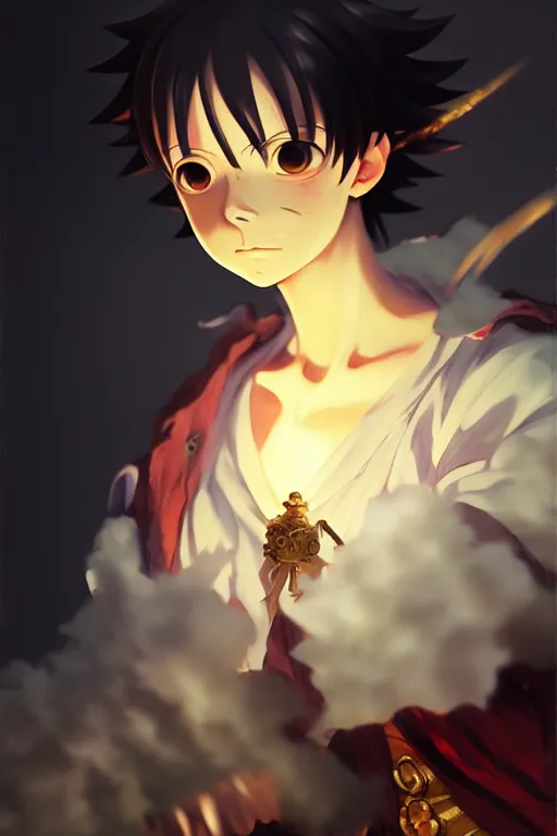 Image similar to baroque oil painting full body portrait character concept art, anime key visual of luffy studio lit directed gaze, trending on pixiv fanbox, painted by greg rutkowski makoto shinkai takashi takeuchi studio ghibli