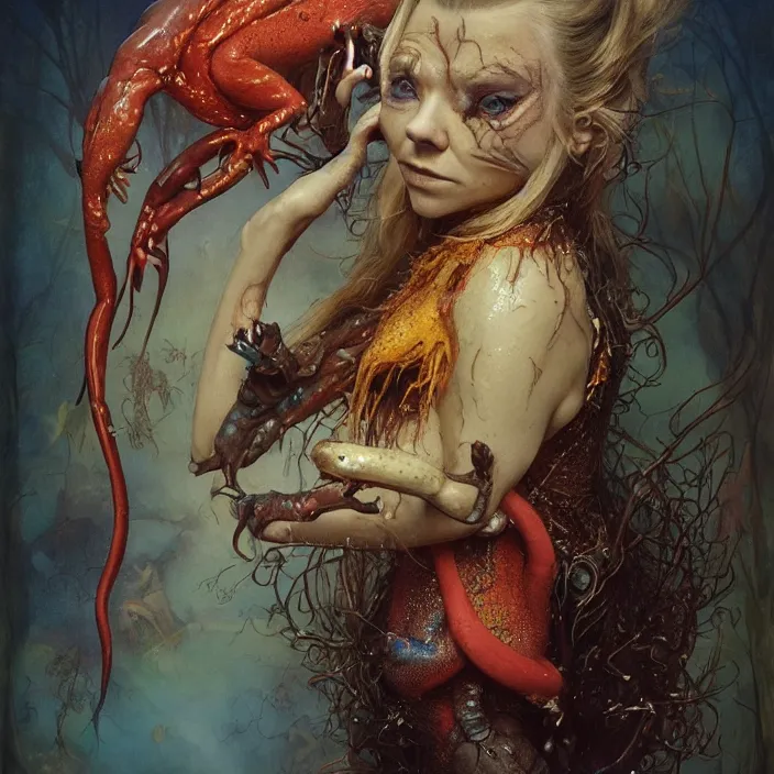 Prompt: a portrait photograph of natalie dormer as a brightly colored harpy salamander hybrid with wet mutated skin. wearing a prosthetic organic catsuit. by tom bagshaw, donato giancola, hans holbein, walton ford, gaston bussiere, brian froud, peter mohrbacher and magali villeneuve. 8 k, cgsociety