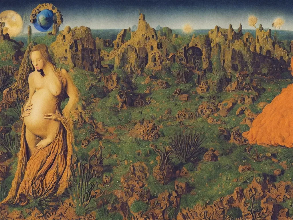 Image similar to Portrait of a sleeping pregnant woman thistles in the ruined acid eaten city. Aurora night, sweaty mountain, African mask. Constellations, meteor crater. Painting by Jan van Eyck, Agnes Pelton, Rene Magritte, Jean Delville, Max Ernst, Maria Sybilla Merian