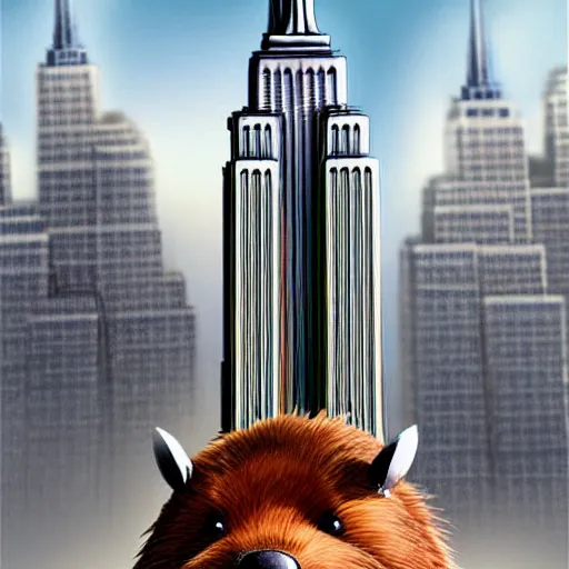 Image similar to digital concept art beavers as construction builders that building empire state building from sticks