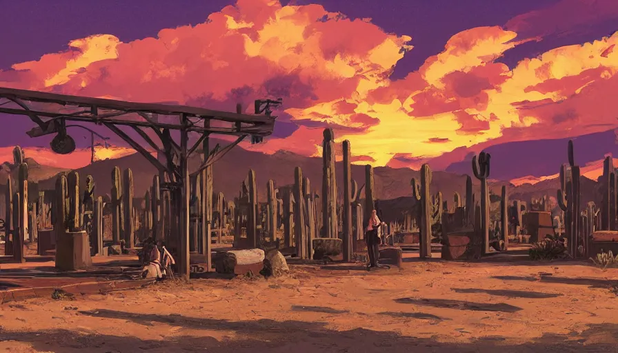 Prompt: train station roadside old west saloon cactus tombstones sunset sky clouds illustration by syd mead artstation 4 k 8 k graphic novel concept art matte painting