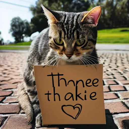 Image similar to a cute tabby cat holding a sign that says