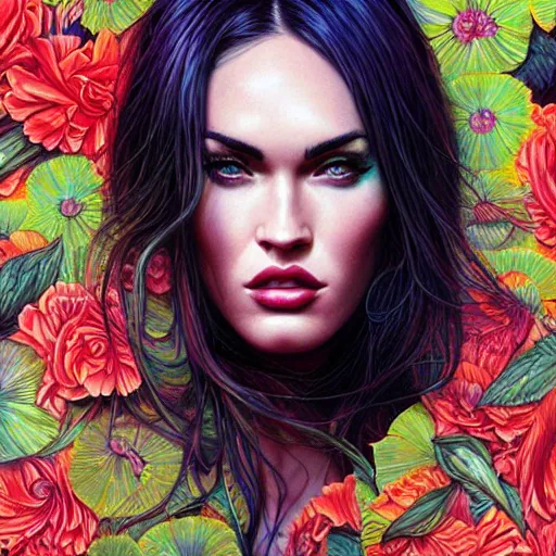 Image similar to portrait of megan fox, hyper detailed masterpiece, neon floral pattern, jean giraud, digital art painting, darkwave goth aesthetic, psychedelic, artgerm, donato giancola and tom bagshaw