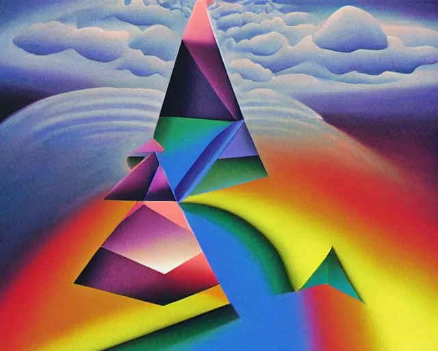 Prompt: isometric 3 d surrealist rainbow, frequencies divided as sacred geometry 3 d shapes, very surreal, by dali