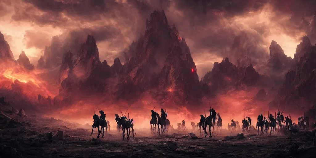 Image similar to ”five horsemen of the apocalypse riding skeleton horses towards the camera and holding up empty signs, [epic, cinematic, scary, intimidating, horror, war, battle, hell, storm clouds, lightning, octane render, 8k, mattepainting, art by wlop and paul lehr and greg rutkowski]”