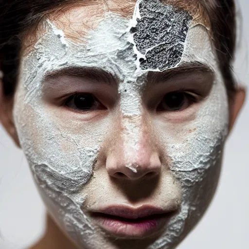 Prompt: woman's face covered with the texture of cracked and glzed ceramic