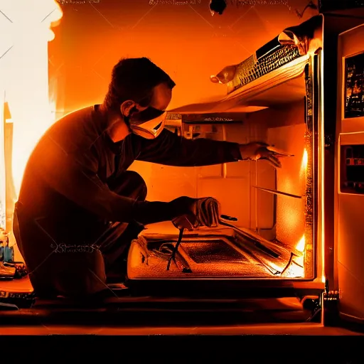 Image similar to technician repairing head of toaster oven mecha, dark messy smoke - filled cluttered workshop, dark, dramatic lighting, orange tint, cinematic, highly detailed, sci - fi, futuristic, movie still