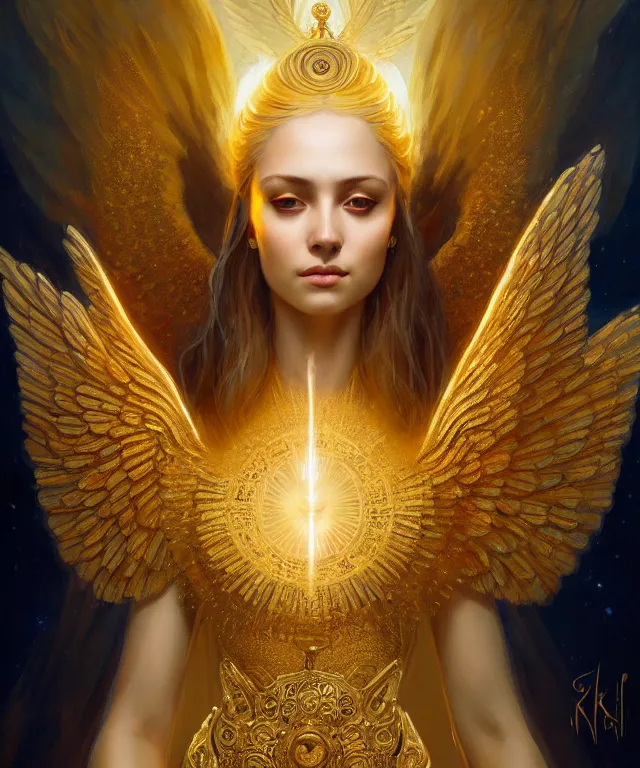 Prompt: a ultradetailed painting of a beautiful! empress, symmetrical features, golden ornate dress, angelic wings, magical realism, by greg rutkowski and karol bak, volumetric lighting, 4 k