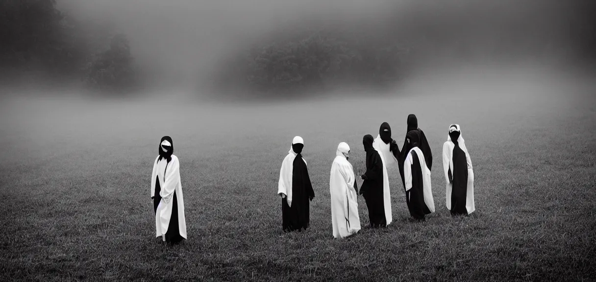 Image similar to Long Shot (LS) vintage black and white photo group of people dressing in white robes wearing white masks standing in the field, cinematic lighting, cinematic composition, cinematic atmosphere, misty foggy. Vogue photography Sigma 150-600mm f/5-6.3 lens, still winning photograph from a thriller movie.