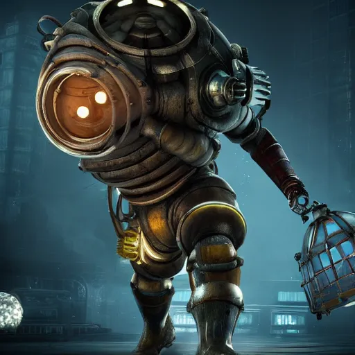 Image similar to isaac clarke as a bioshock big daddy, unreal engine 5, bioshock deadspace, high detail 3 d render,