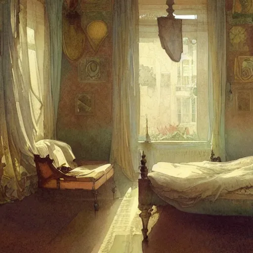 Image similar to a beautifull intricate watercolour painting of a bed room, reflexions, verry high details by william turner art, greg rutkowski and alphonse mucha, trending on artstation, very very detailed, masterpiece, muted colors