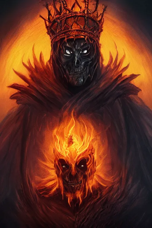 Prompt: centered portrait of the Shadow King wearing a crown formed out of fire, in the style of Dark Souls, cape, skull mask, character concept, high fantasy, gothic, dark atmosphere, malice, medium shot, symmetrical face, golden ratio, cinematic lighting, hyperdetailed, high resolution, insanely detailed and intricate, artstation, Marc Simonetti, Greg Rutkowski, H R Giger, octane render, 8k