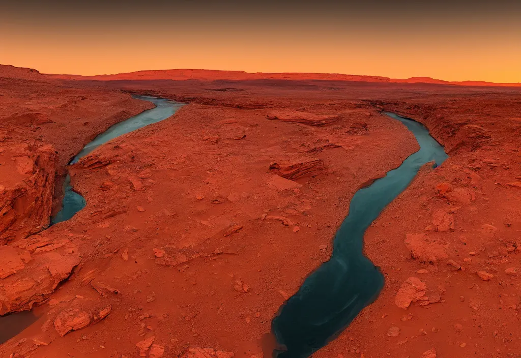 Prompt: a ground level view of a river bend running through a canyon surrounded by desert mountains at sunset on mars, planet mars, moab, utah, a tilt shift photo by frederic church, trending on unsplash, hudson river school, photo taken with provia, national geographic photo