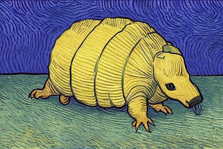 Image similar to an armadillo smoking a joint by vincent van gogh, digital art,