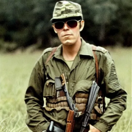 Image similar to vintage photograph of hunter s. thompson as a us soldier in the vietnam war, very detailed, very intricate,