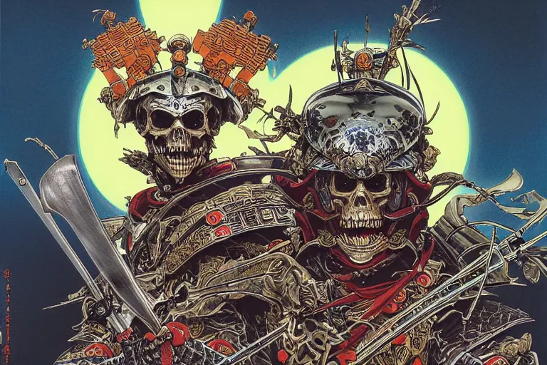 Image similar to portrait of a crazy skeletor samurai with japanese armor and helmet, by yoichi hatakenaka, masamune shirow, josan gonzales and dan mumford, ayami kojima, takato yamamoto, barclay shaw, karol bak, yukito kishiro