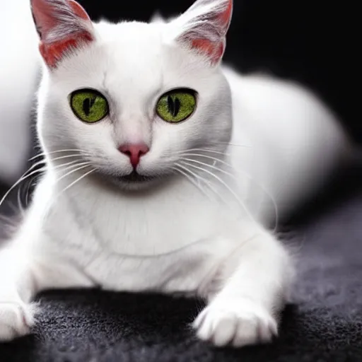 Image similar to a white cat, glowing inferno eyes,black background, hyper realistic