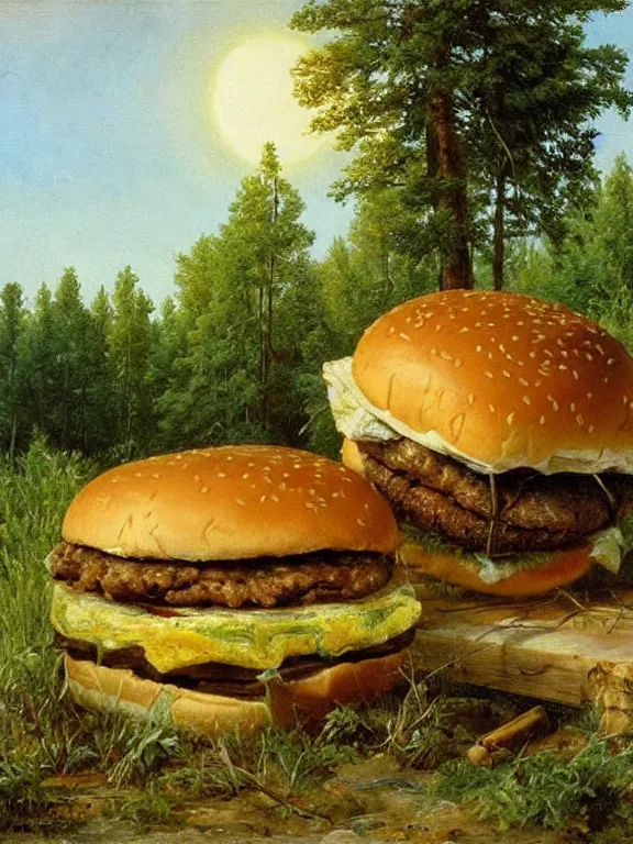 Prompt: Ivan Shishkin painting of a beautiful burger at forest, beautiful lighting, sunny, summer, painting Ivan Shishkin