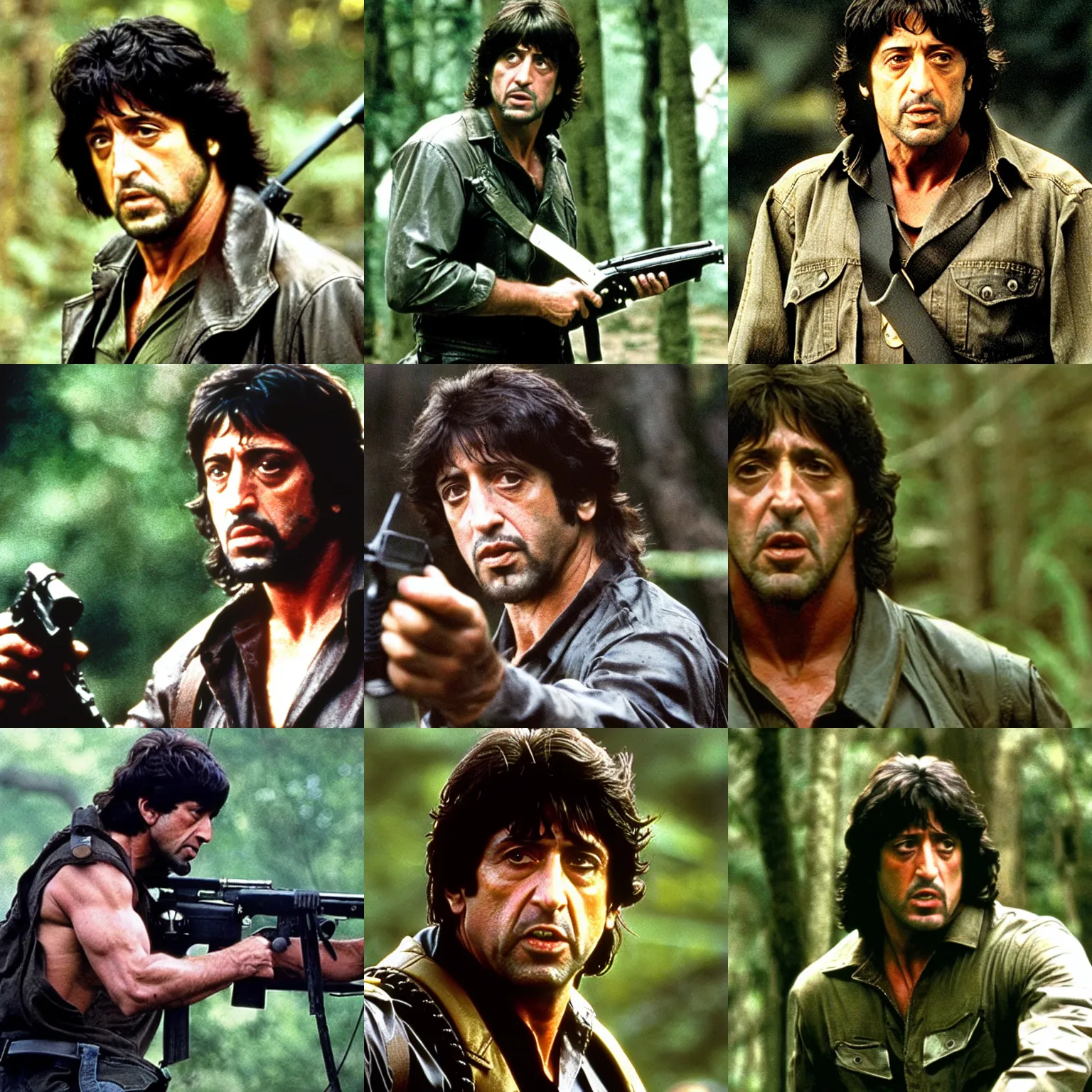 Prompt: film still of al pacino as john rambo in rambo films, cinematic, rule of thirds, dazzling