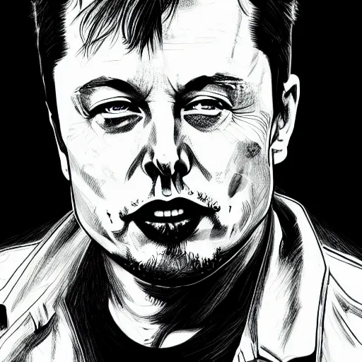 Image similar to Elon Musk portrait profile, black and white sketch, cellshaded, drawn in fine-tip pen, made by WLOP, trending on artstation