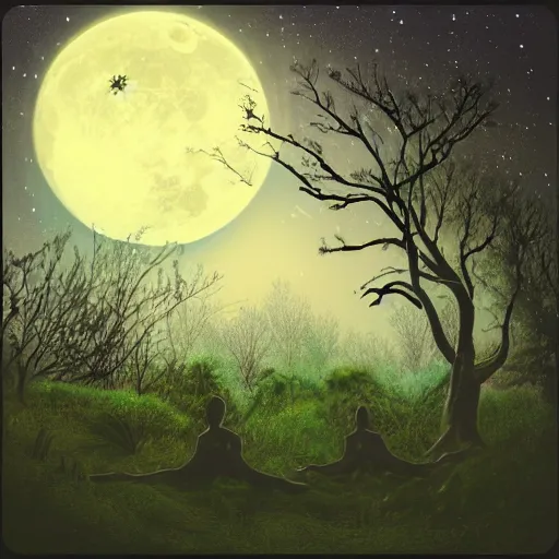 Image similar to a serene forest of faeries, swirling clouds, beautiful double crescent moon in the night sky