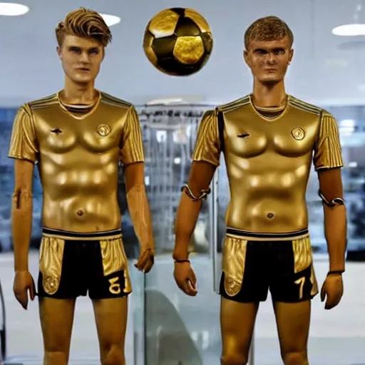 Image similar to a realistic detailed photo of a guy who is an attractive humanoid who is half robot and half humanoid, who is a male android, soccer players martin ødegaard & timo werner, shiny skin, posing like a statue, blank stare, in a lab, on display, showing off his muscles, gold soccer shorts, no jersey, statue, many copies of them