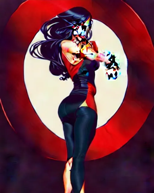 Image similar to artgerm, joshua middleton comic cover art, full body pretty megan fox holding a shotgun, red dress, symmetrical eyes, symmetrical face, long curly black hair, dark city background, cinematic lighting