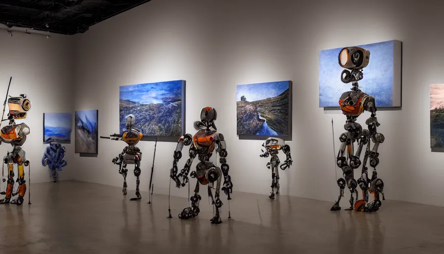 Image similar to photo of robots in a gallery holding paintbrushes against photos of natural landscapes, dramatic lighting, 4 k